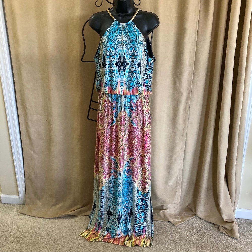 JBS Maxi Halter Blouson Dress w/ Bronze Chain Necklace Closure, size M